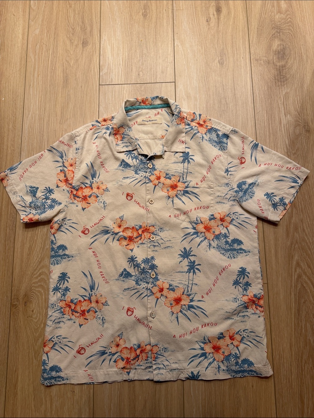 Tommy Bahama Cream Button-Down Hawaiian Shirt with Blue & Orange Floral Print